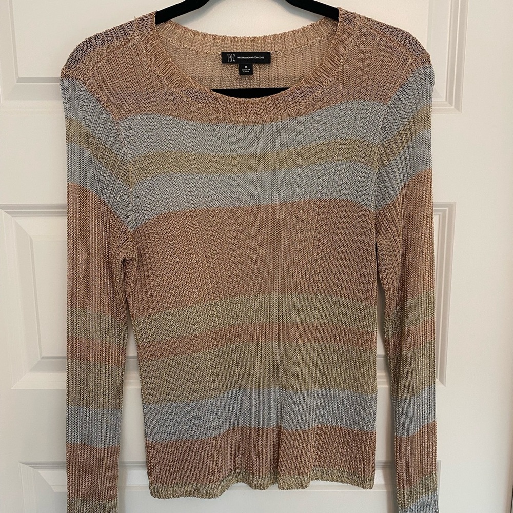 INC International Concepts METALLIC Striped Crew Neck Top